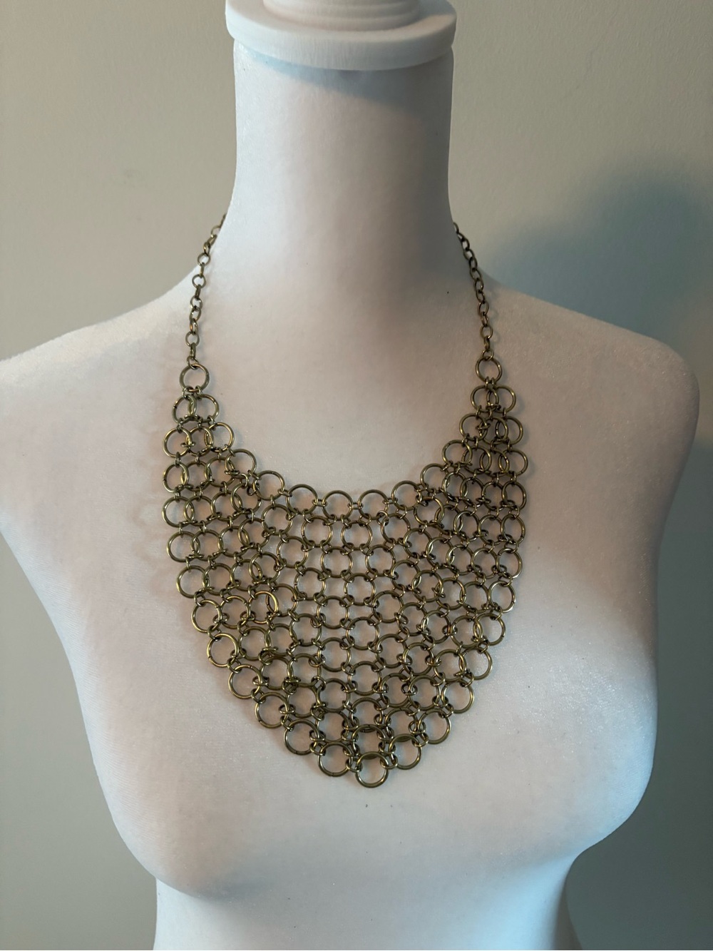 Matte Gold Tone Chain Maille Bib Statement Necklace V Shaped